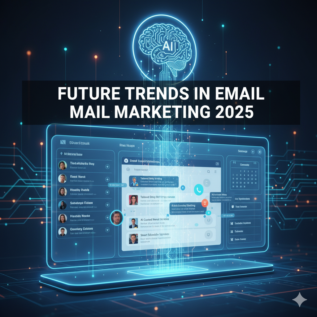 Graphic showing the future trends in email marketing, focused on AI-driven hyper-personalization in a futuristic email inbox.