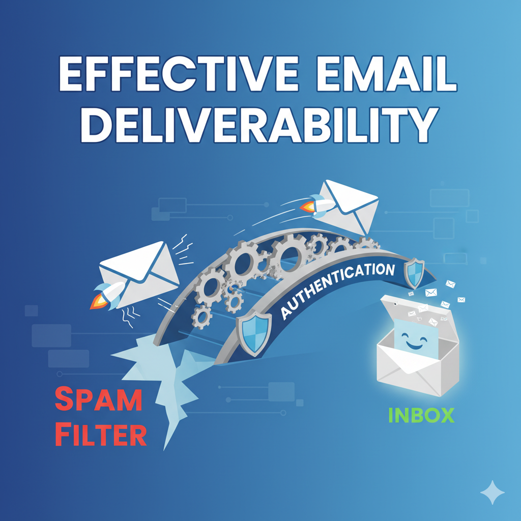 Graphic illustrating email deliverability, showing how proper authentication and a clean list help an email pass the spam filter to reach the inbox.