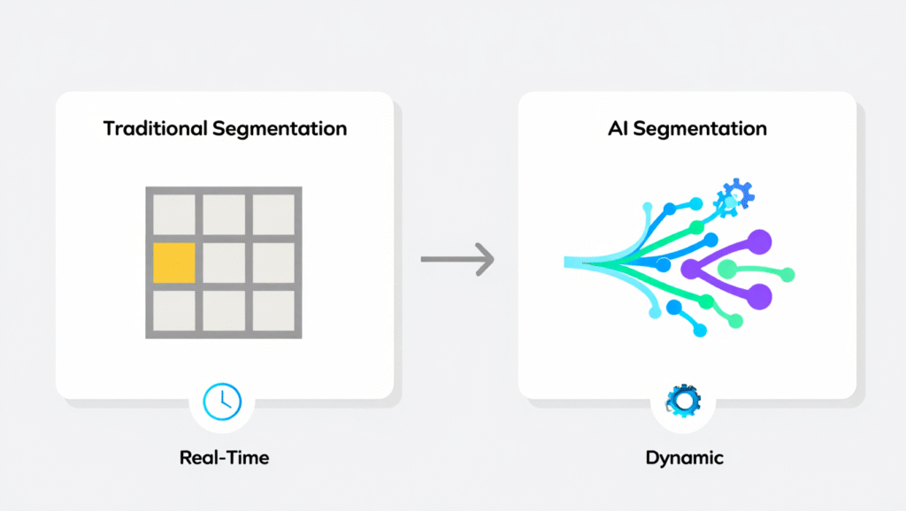 Comparison of traditional static segmentation vs. predictive AI segmentation, highlighting real-time updates and dynamic clustering logic.