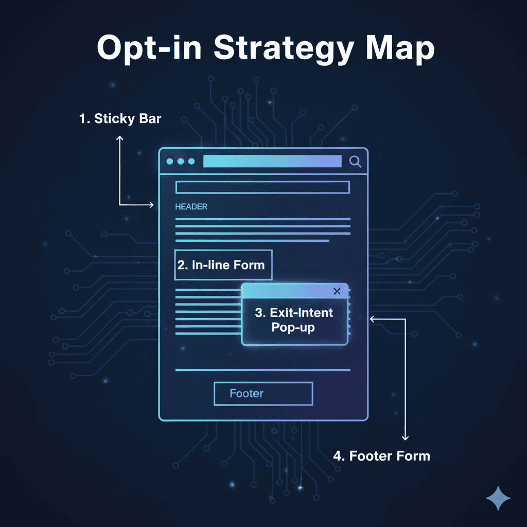 Diagram showing the best locations for opt-in forms: sticky bar, in-line form (content upgrade), and exit-intent popup for maximum email capture.