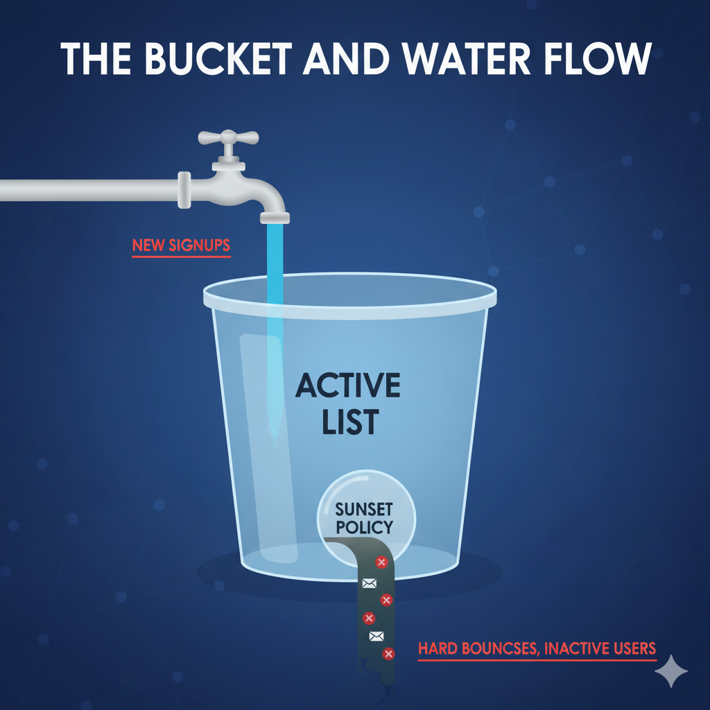 Diagram explaining list hygiene and a sunset policy for email marketing, showing the removal of inactive subscribers and hard bounces to maintain list health.