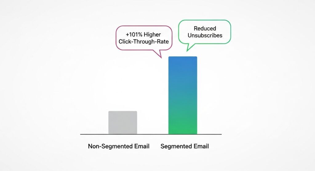 Statistical chart comparing generic vs. segmented email performance, showing a 101% higher click-through-rate (CTR) for segmented campaigns.