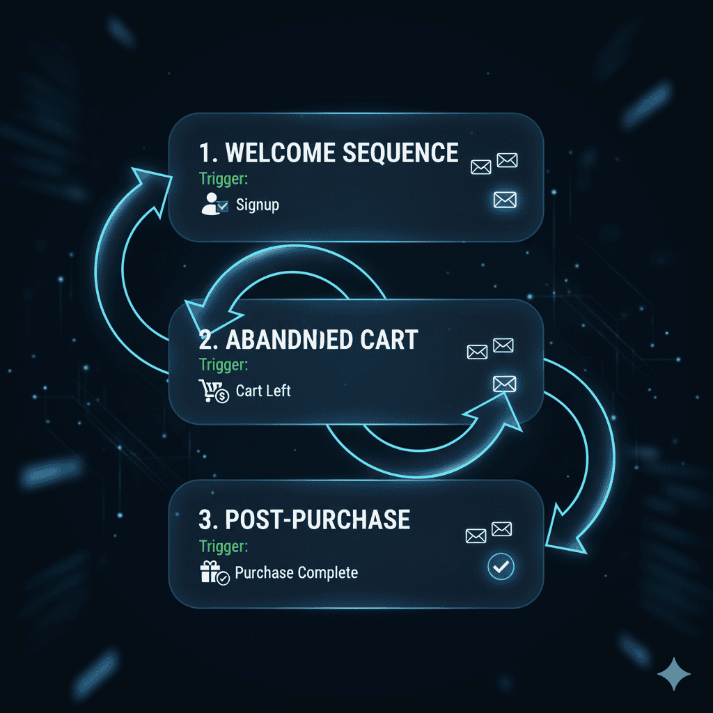Visual diagram of the 3 essential email automation workflows for a small business: Welcome, Abandoned Cart, and Post-Purchase Follow-up.
