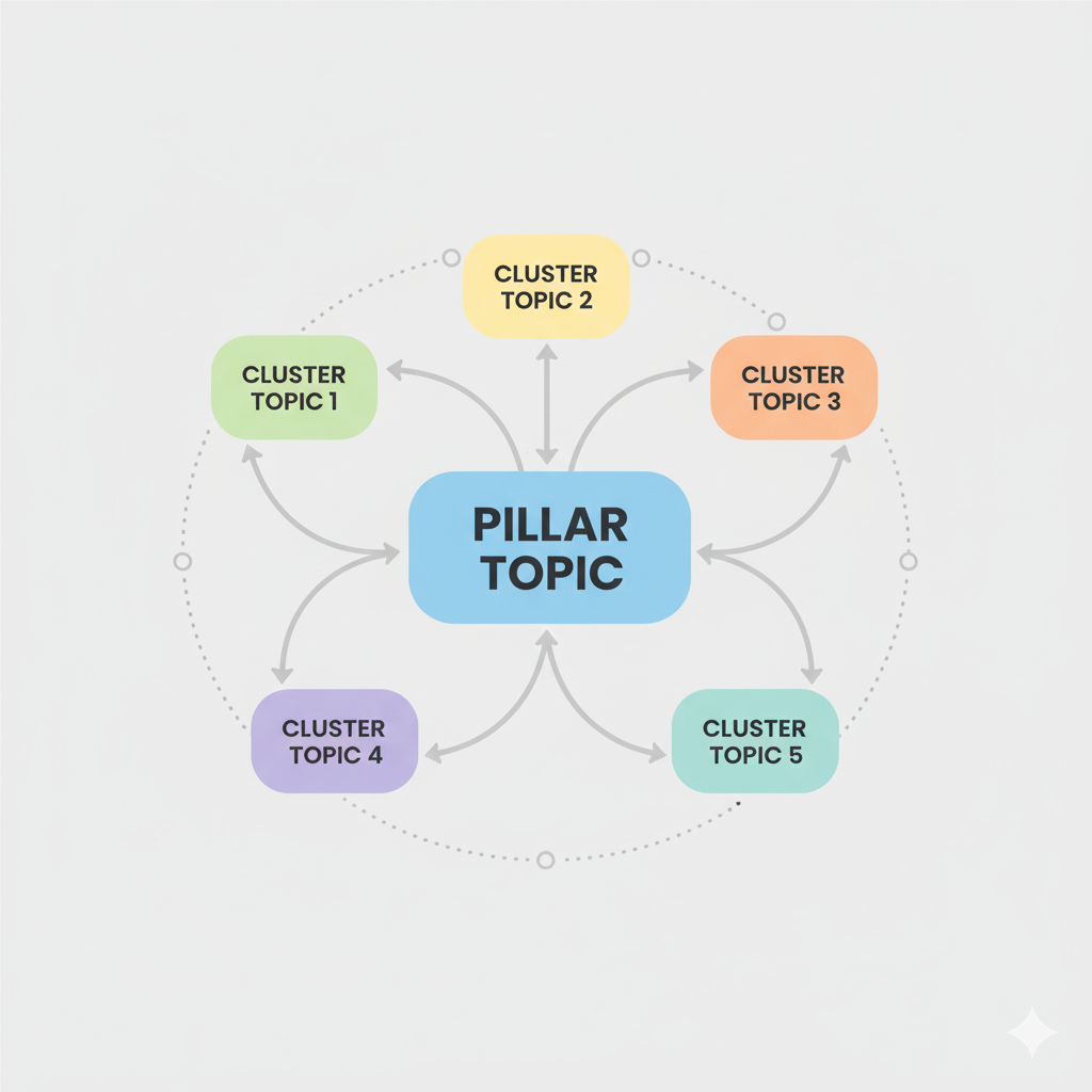 Entity-based SEO strategy visualization showing a comprehensive topic cluster map.