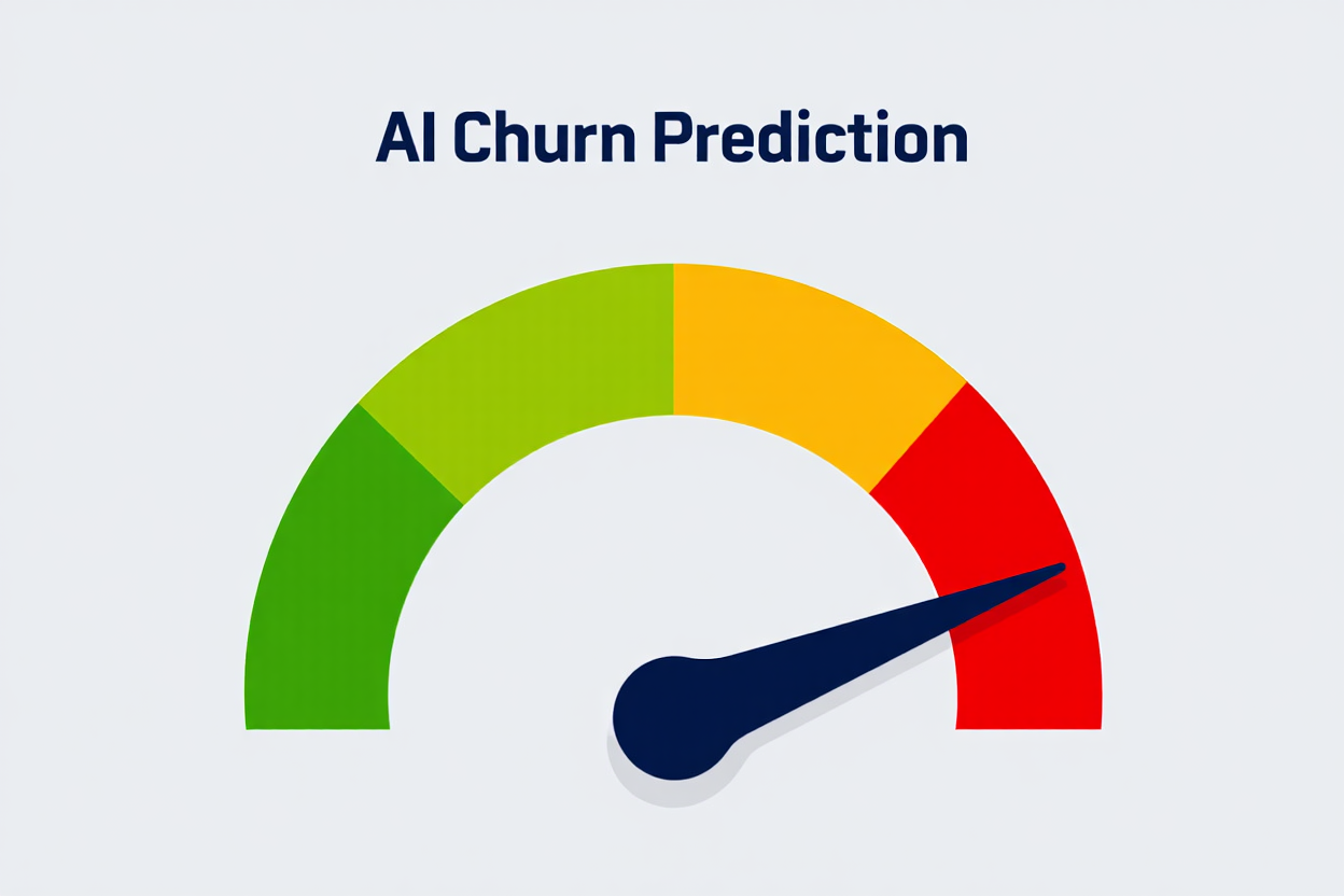Predictive segmentation graphic showing an AI model identifying the "At-Risk" customer segment with a high Churn Risk Score.