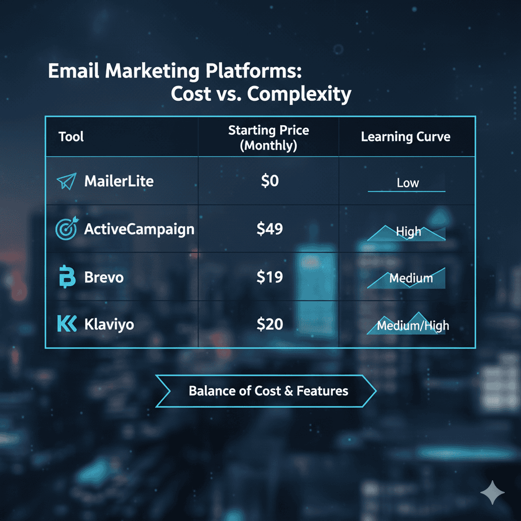 Comparison table of top email automation tools for small businesses, rating affordability, learning curve, and key features.