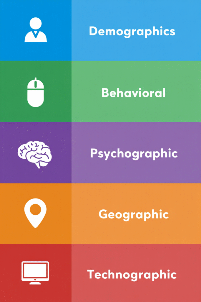Infographic detailing the 5 essential email list segmentation criteria, organized in a radial diagram: Demographics, Behavioral, Purchase History, Lifecycle Stage, and Self-Reported Preference.