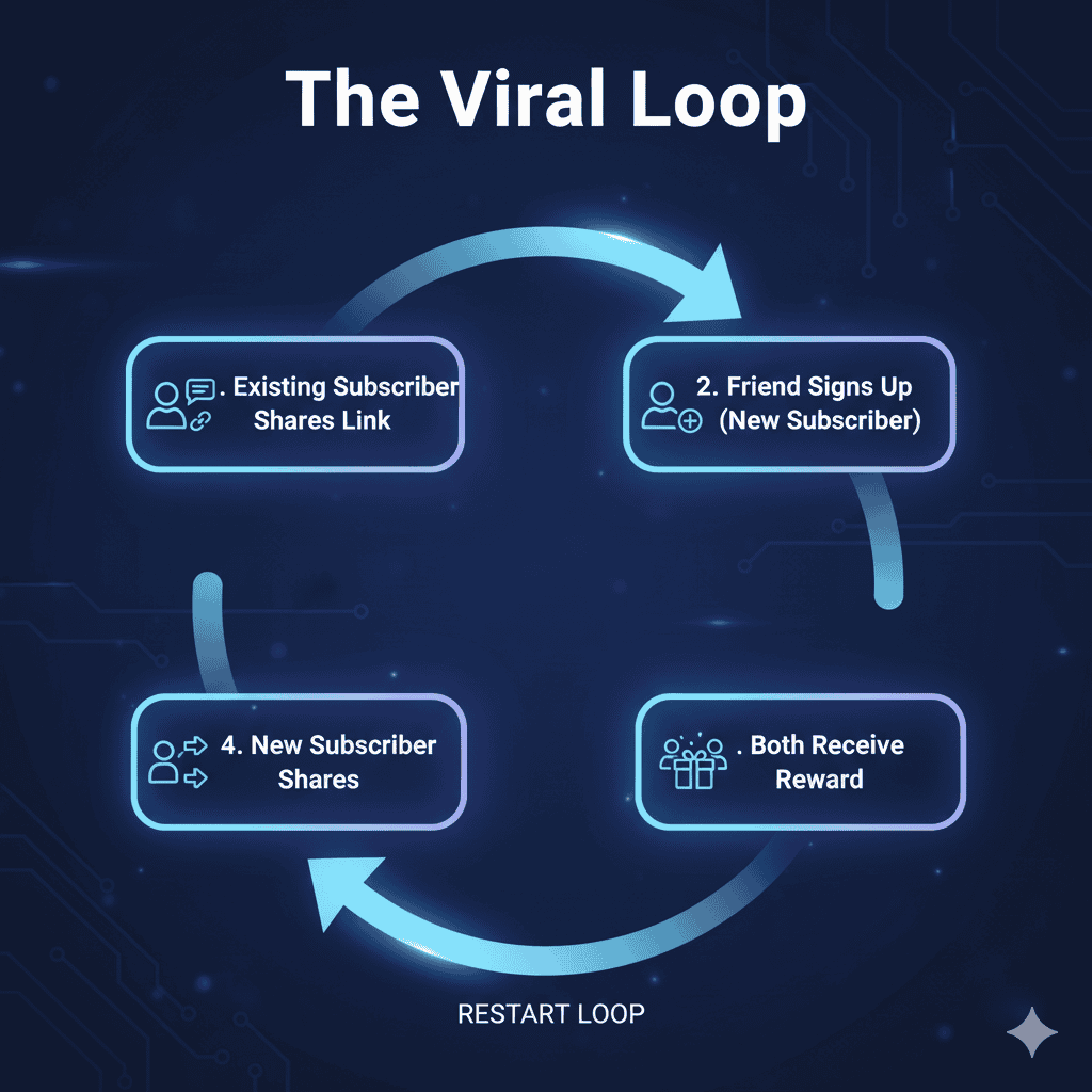 Flowchart illustrating a viral referral program loop to incentivize existing subscribers to bring in new email leads.