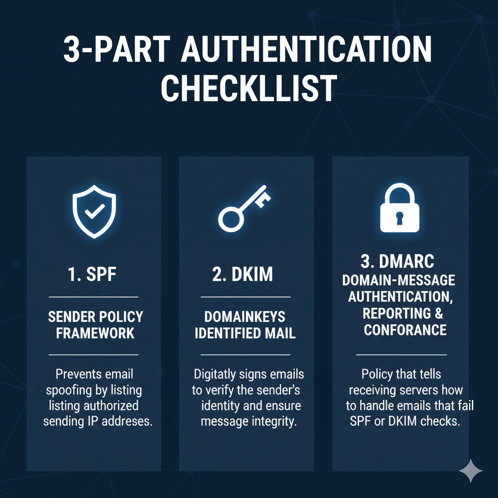 Checklist infographic for technical email authentication setup: SPF, DKIM, and DMARC records required for high sender reputation.
