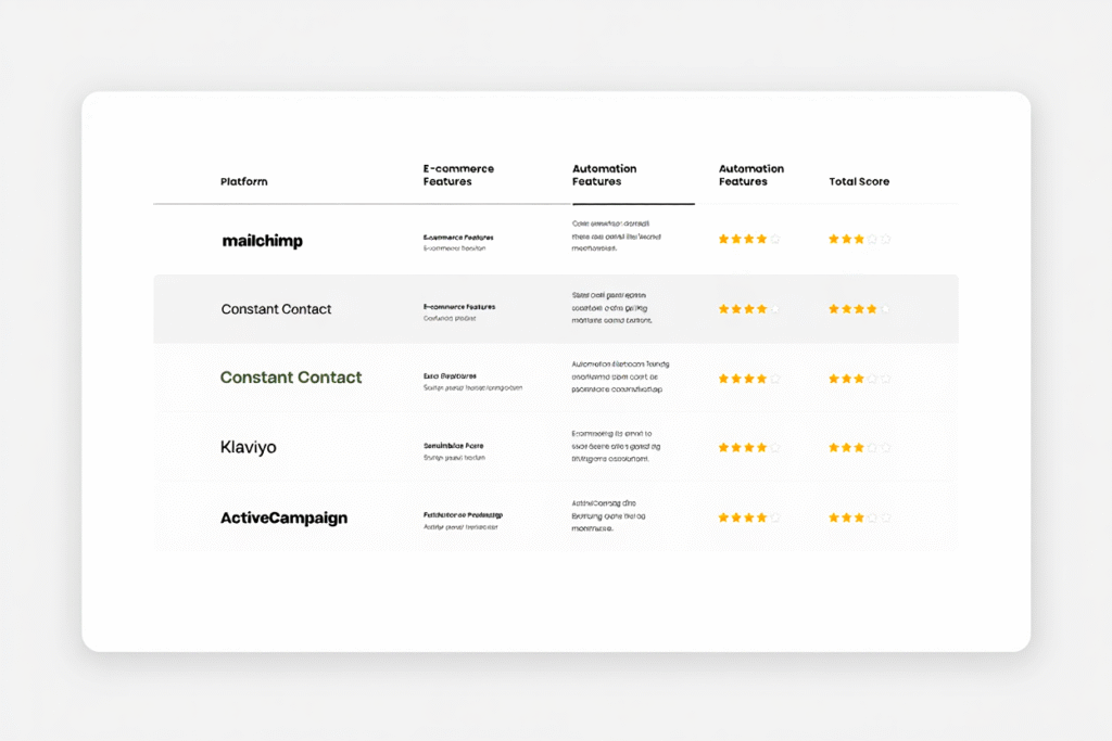 Comparison table of best email marketing software 2025, showing features, scores, and ideal use cases.