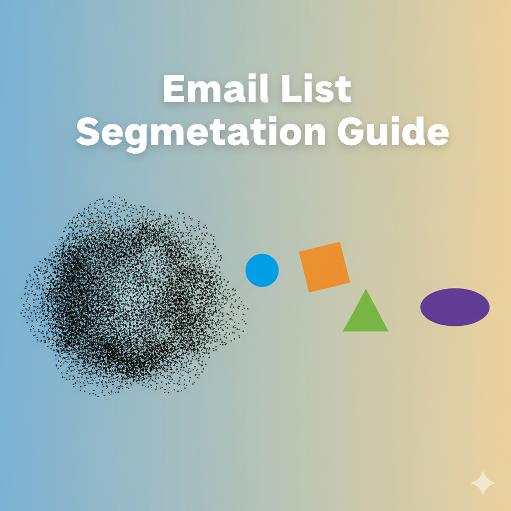 A diagram illustrating email list segmentation, showing a large, disorganized mass of subscribers separating into four smaller, targeted, and color-coded groups.
