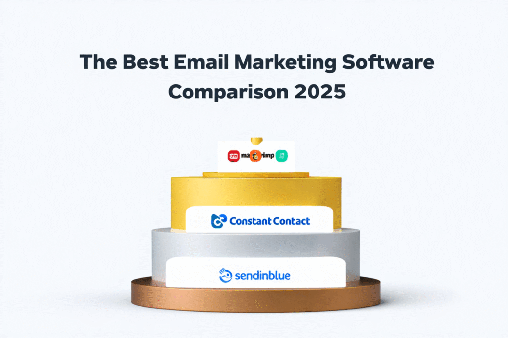 A graphic comparing different email marketing software platforms like ActiveCampaign, Klaviyo, and MailerLite on a competitive scale.