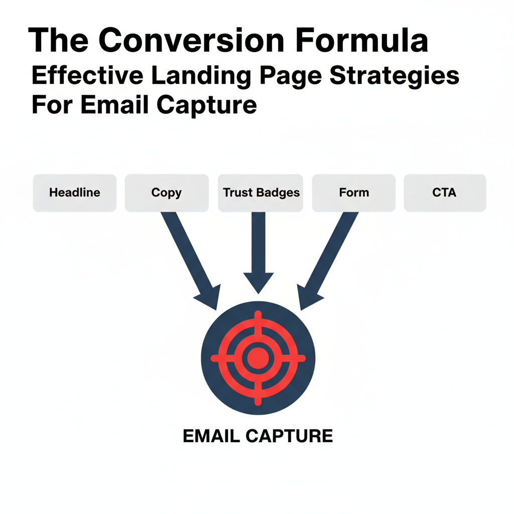 Graphic illustrating the 5-part formula for high-converting landing page strategies for email capture.