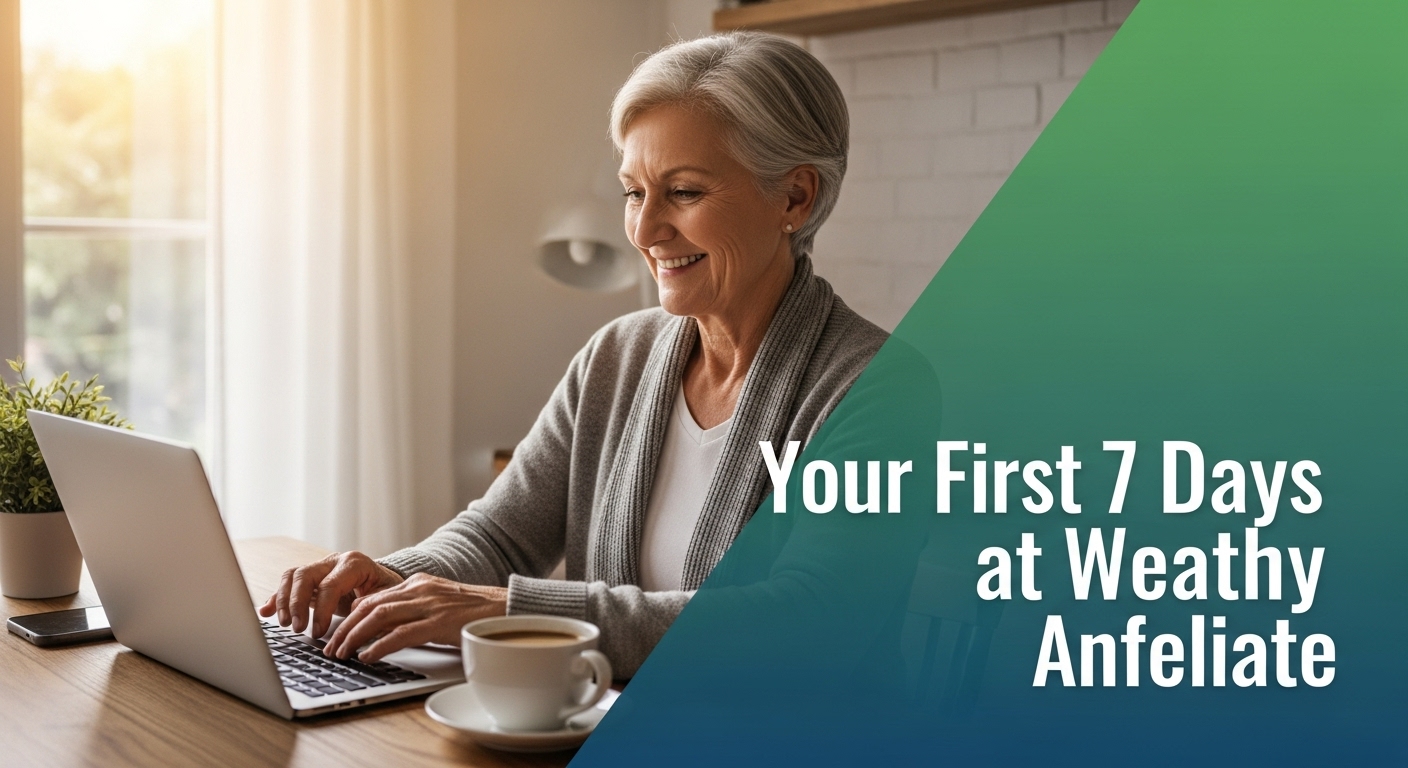 Senior person smiling while working on a laptop, symbolizing a comfortable and achievable online business start.