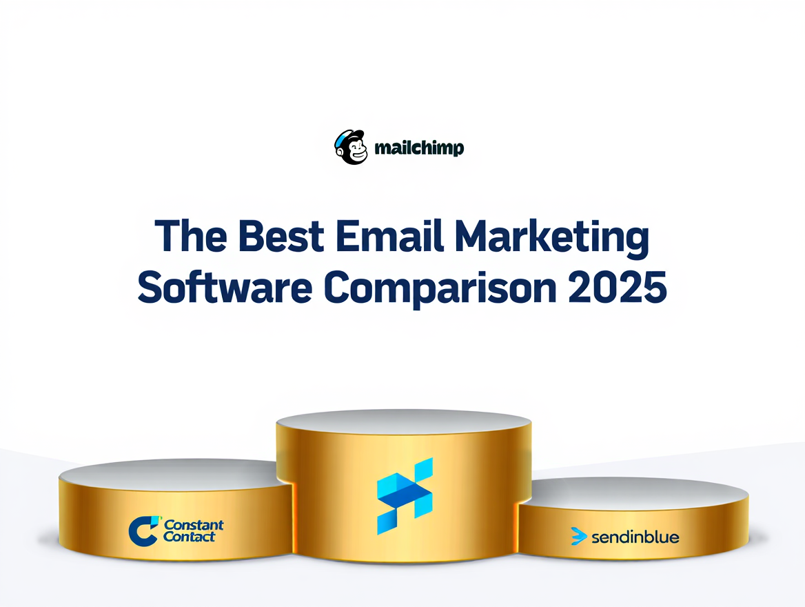 A graphic comparing different email marketing software platforms like ActiveCampaign, Klaviyo, and MailerLite on a competitive scale.