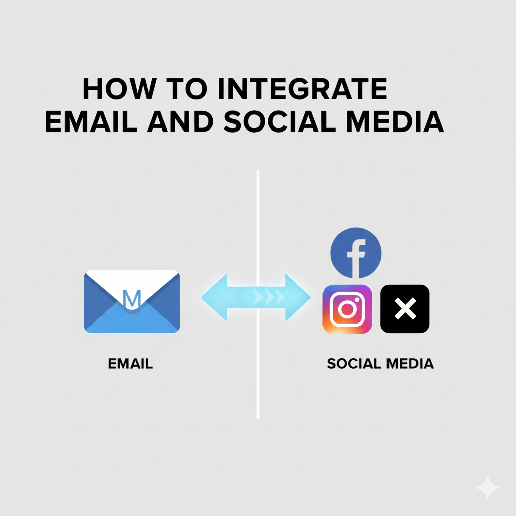 Graphic illustrating the cross-channel strategy for integrating email and social media marketing with a two-way arrow flow.