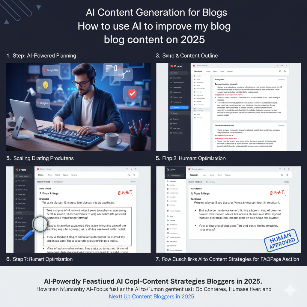 A visual guide to the 7-step AI content generation for blogs workflow, highlighting human oversight.