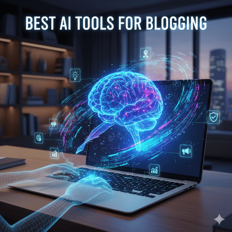 Blogger using AI tools displayed on a futuristic interface for content ideation, creation, and optimization.