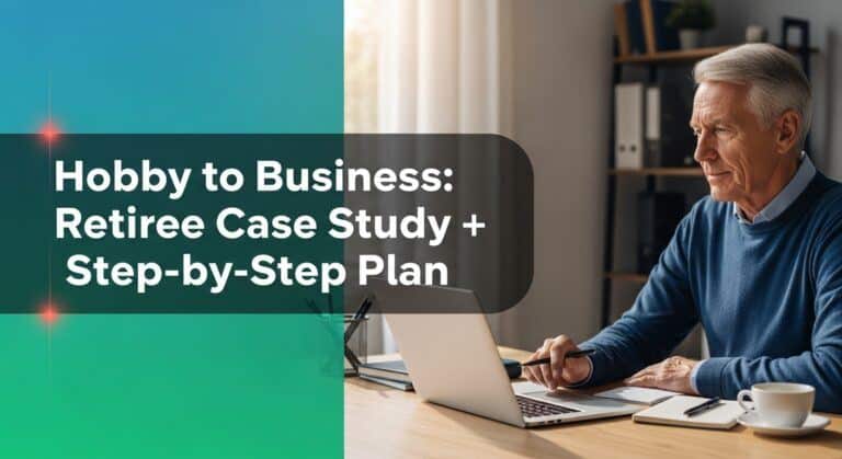 Retiree at laptop with brand gradient and the article title on the left. Turn hobby to business