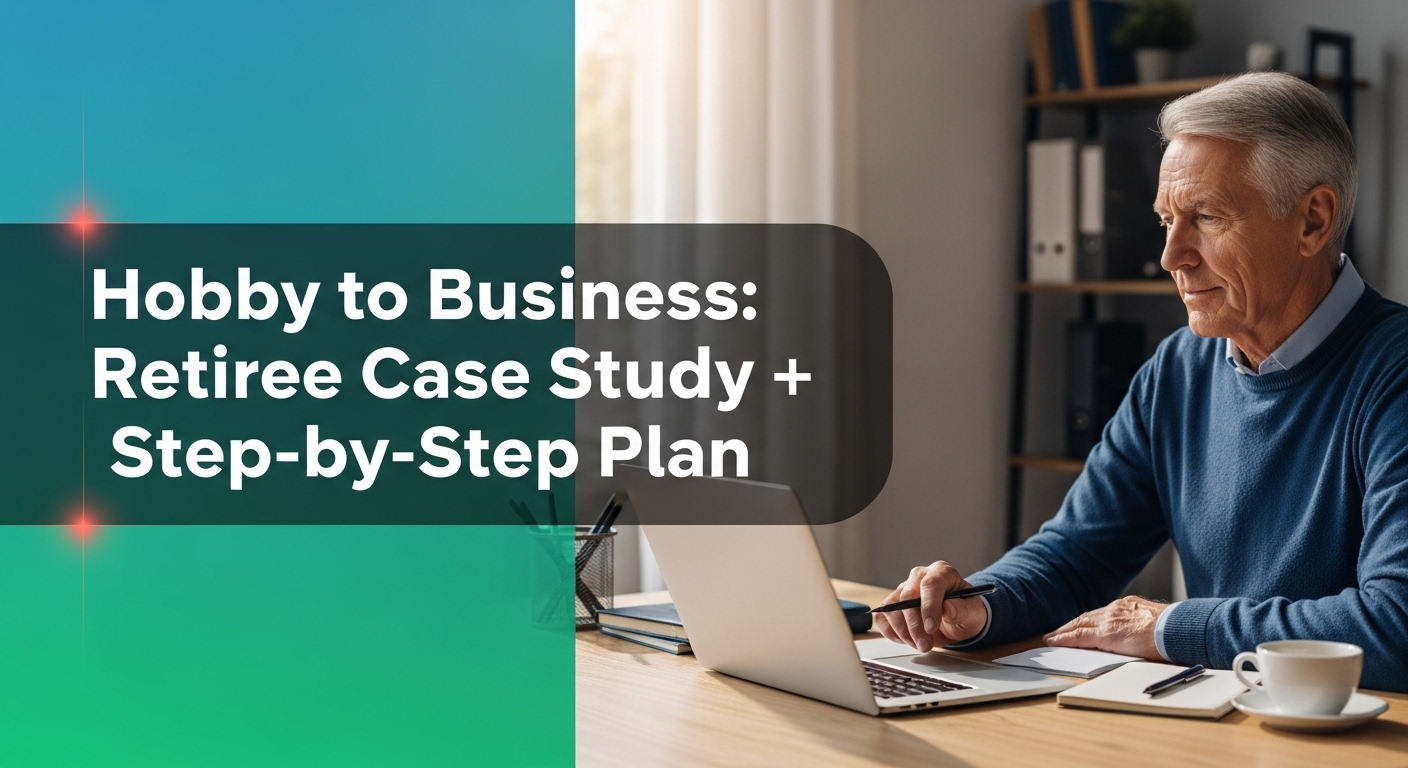 Retiree at laptop with brand gradient and the article title on the left. Turn hobby to business