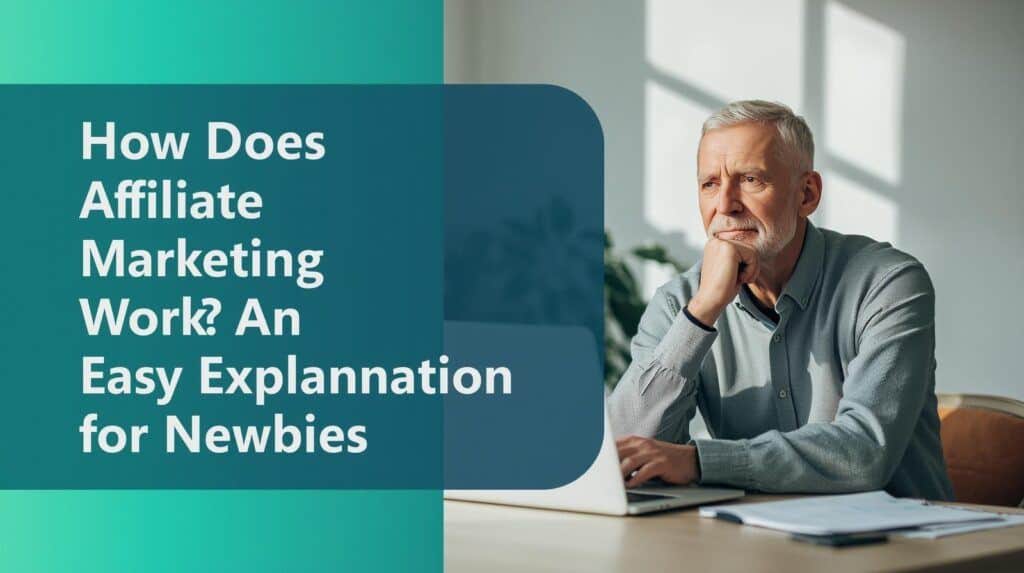 Smiling retiree at a desk; hero with full title overlay and teal‑to‑emerald gradient. Overlay of how does affiliate marketing work.