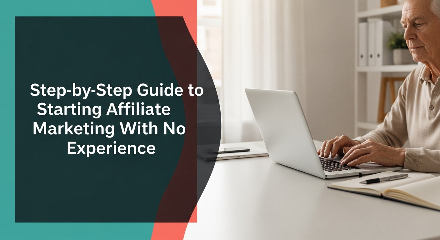 Smiling retiree at a desk; hero with title overlay of "affiliate marketing with no experience" and teal‑to‑emerald gradient.