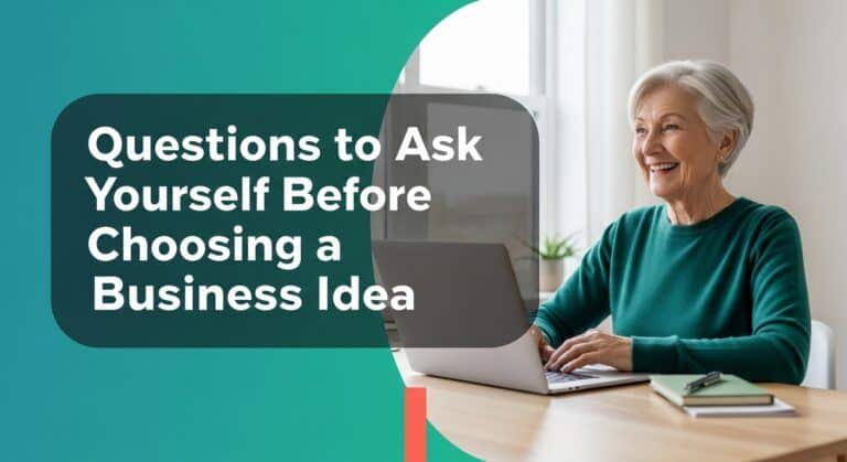 Retiree reviewing a checklist of Business Idea Questions before choosing a business idea at a tidy home desk with a laptop and brand gradient overlay.