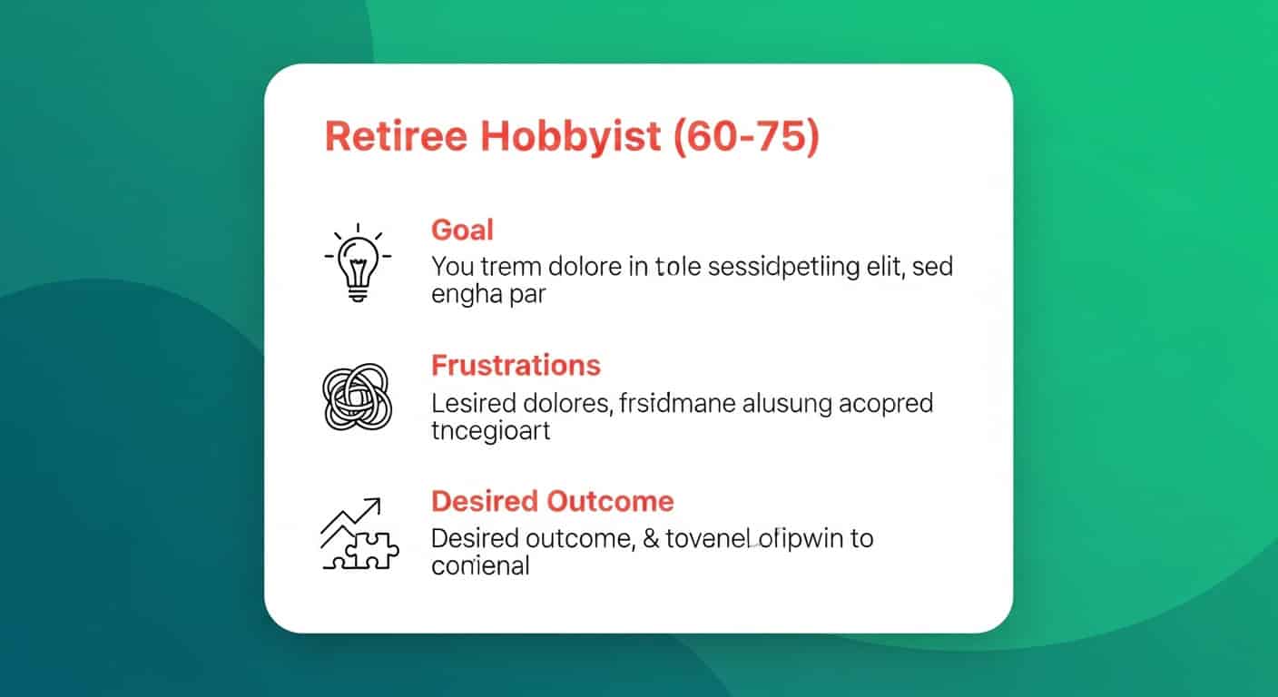 Persona card for a retiree hobbyist with goals, pains, and outcomes.