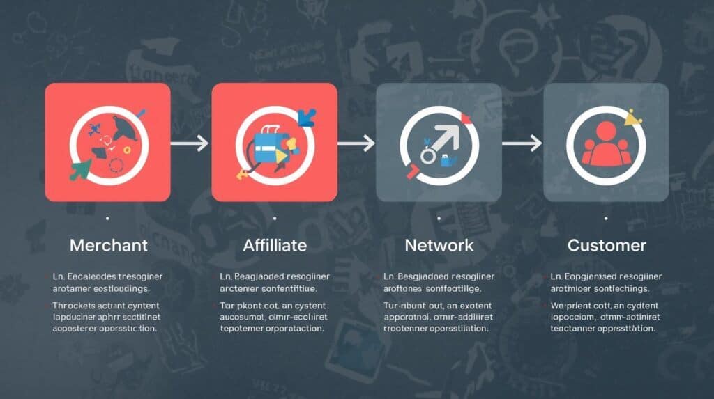 Infographic showing the four parties in affiliate marketing and how they connect.