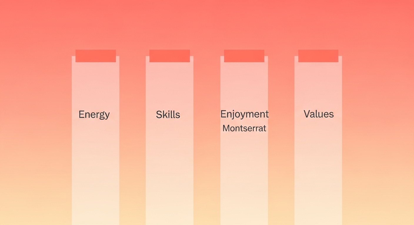 Infographic showing four pillars of personal fit: energy, skills, enjoyment, values.