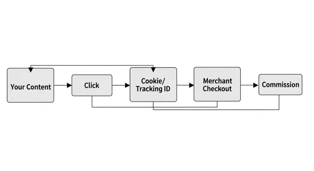 Diagram of affiliate tracking from click to commission.