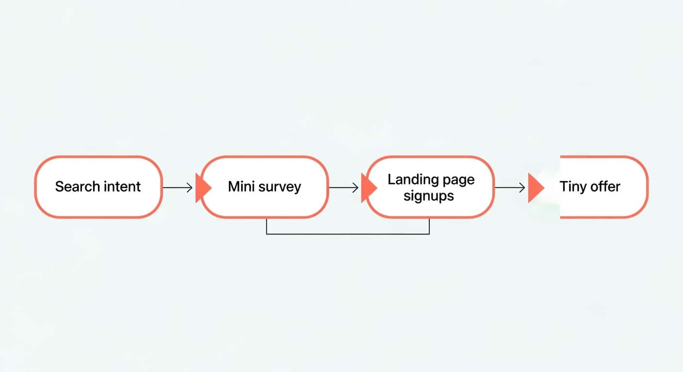 Validation flowchart from research to signups and a tiny offer.