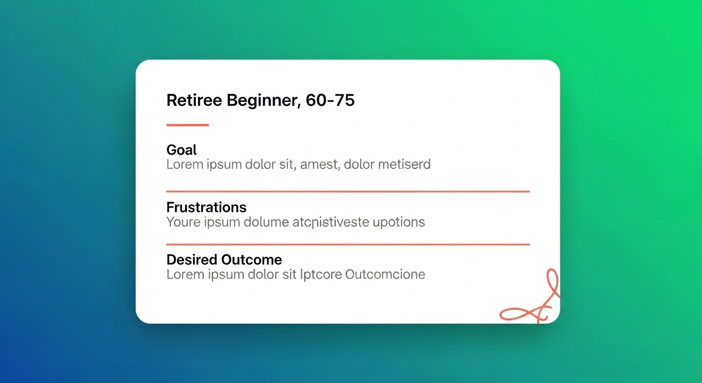 Persona card for a retiree beginner with goal, frustrations, and desired outcome fields.