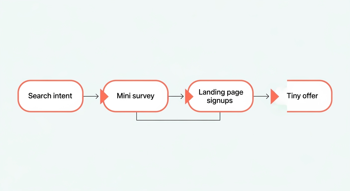 Validation flowchart from research to signups and a tiny offer.