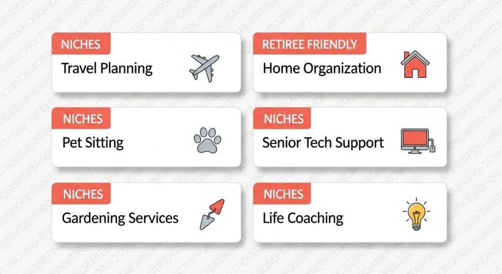 Grid of beginner-friendly niche ideas suitable for retirees.