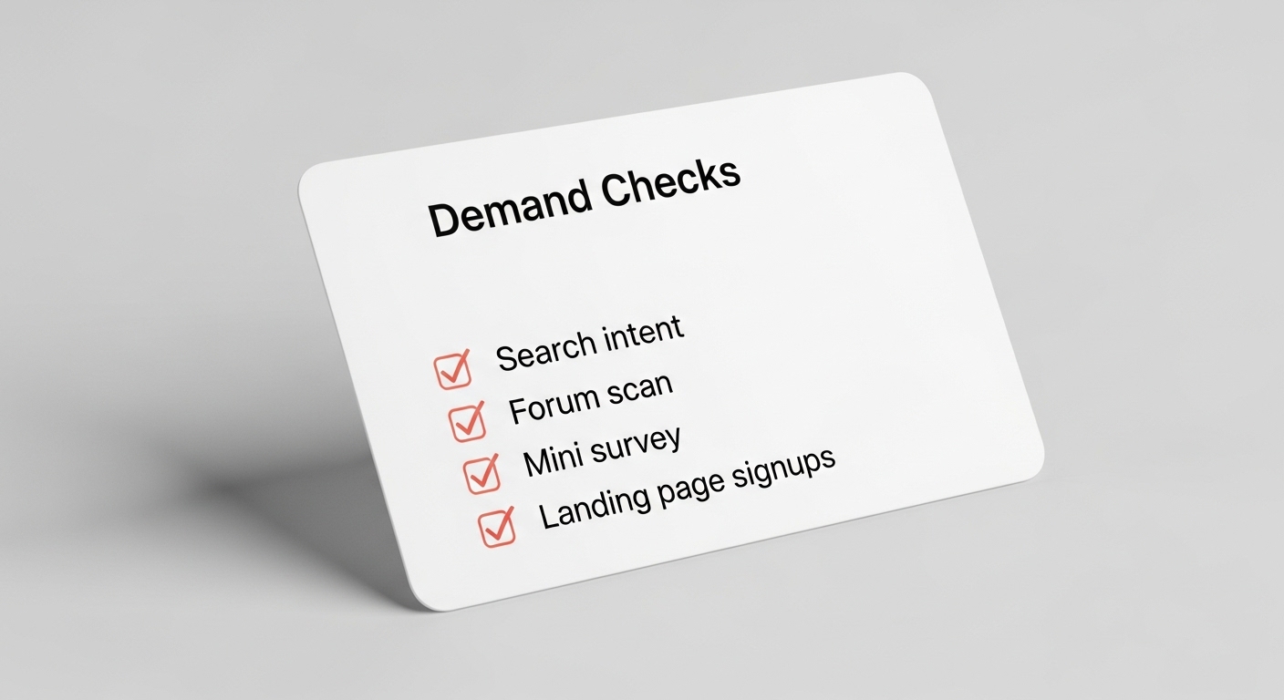 Checklist graphic of demand checks: search intent, forum scan, mini survey, and landing page signups.
