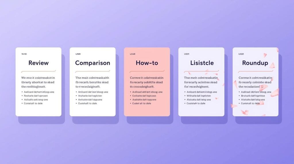 Cards showing common content types used in affiliate marketing.