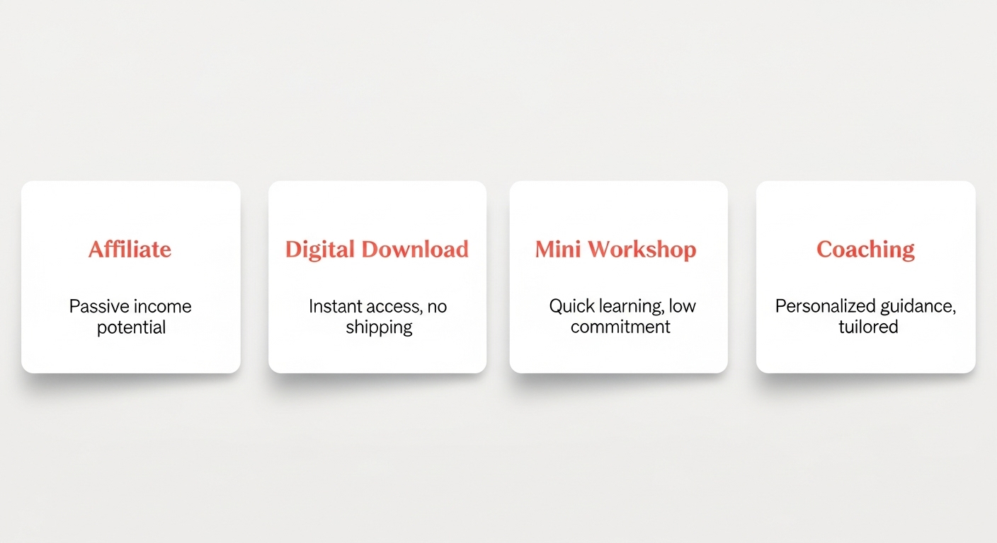 Four cards illustrating monetization models: affiliate, digital download, mini workshop, coaching.