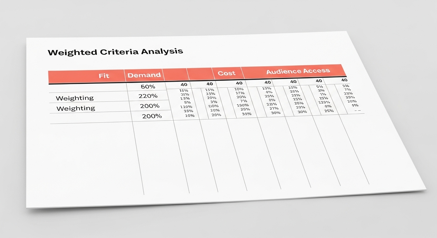 Decision matrix table for scoring business ideas across key criteria.