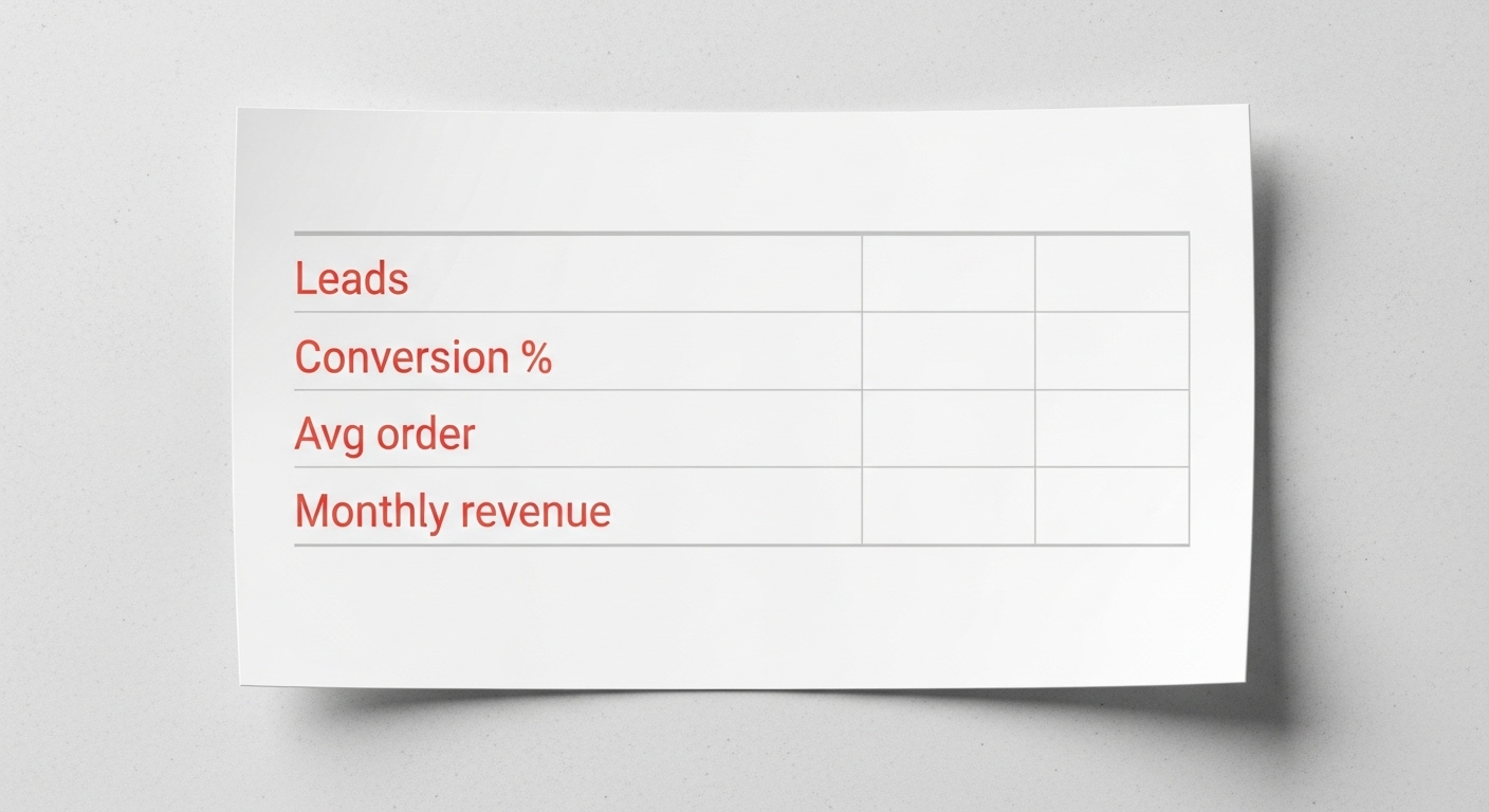Revenue tracker table for leads, conversion rate, average order, and revenue.