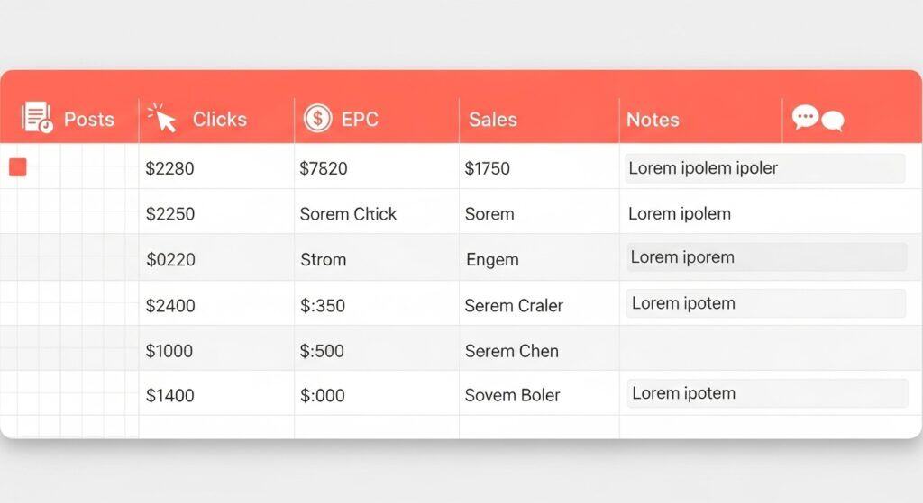 Simple tracking table for clicks, EPC, and sales.