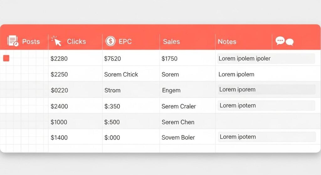 Simple tracking table for clicks, EPC, and sales.