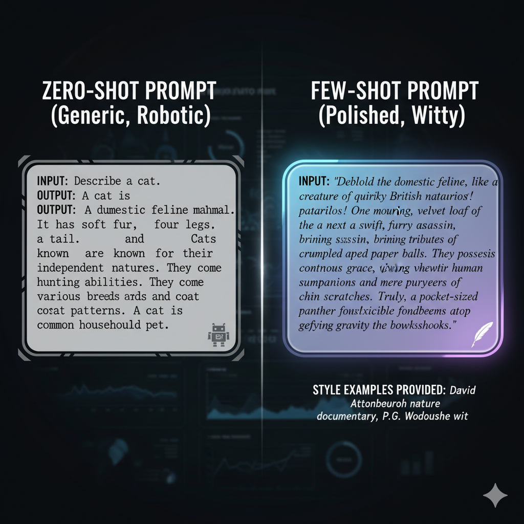 AI Writing Templates comparison: Generic output vs. polished output using Few-Shot Prompting.