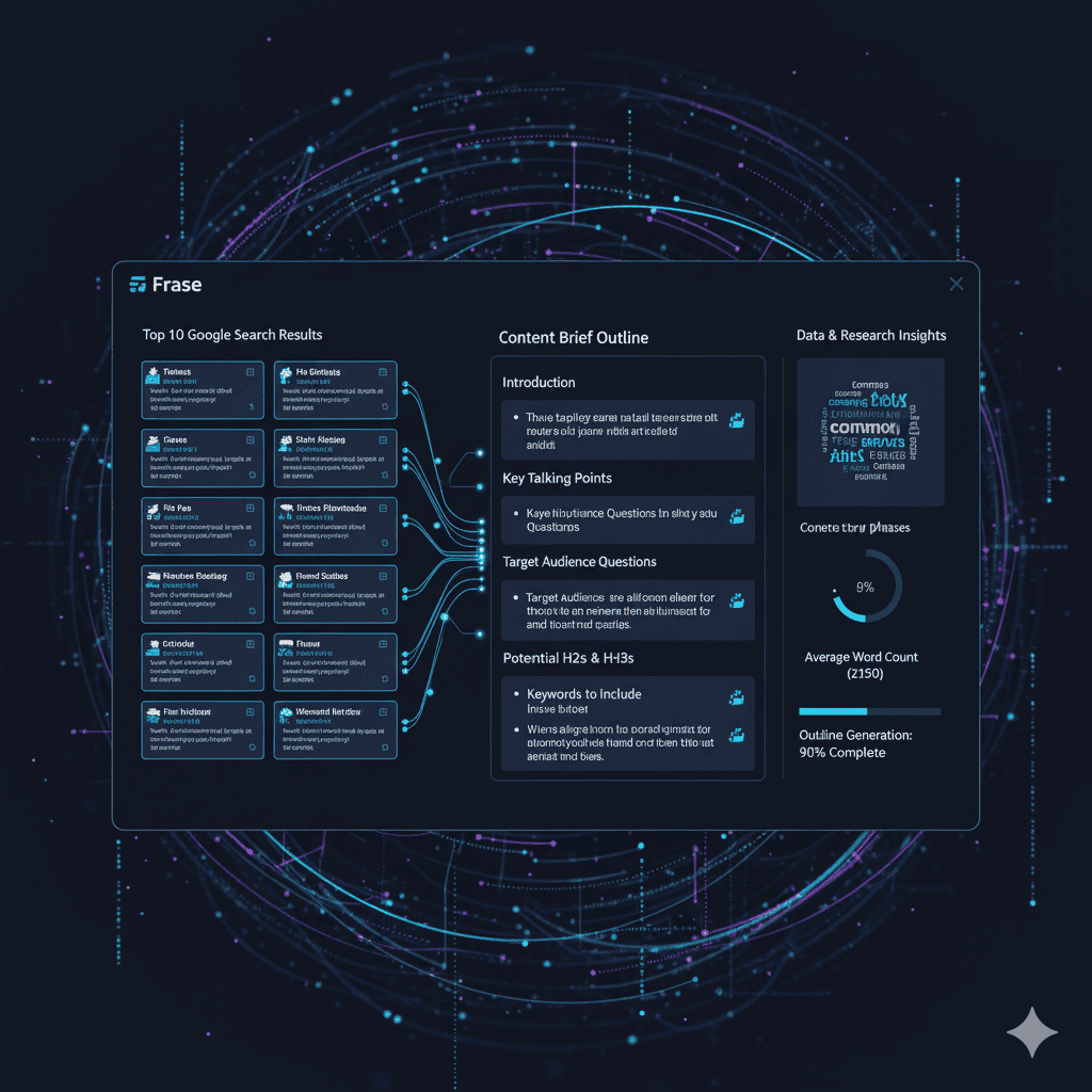 Frase AI platform for content creation, showing SERP analysis and content brief generation.