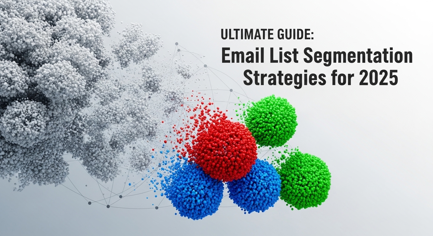 A diagram illustrating email list segmentation, showing a large, disorganized mass of subscribers separating into four smaller, targeted, and color-coded groups.