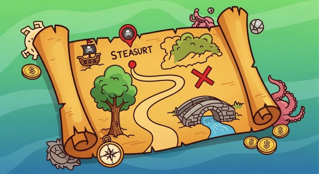 Cartoon treasure map showing a clear path with four main steps, representing the 4-step affiliate marketing process.
