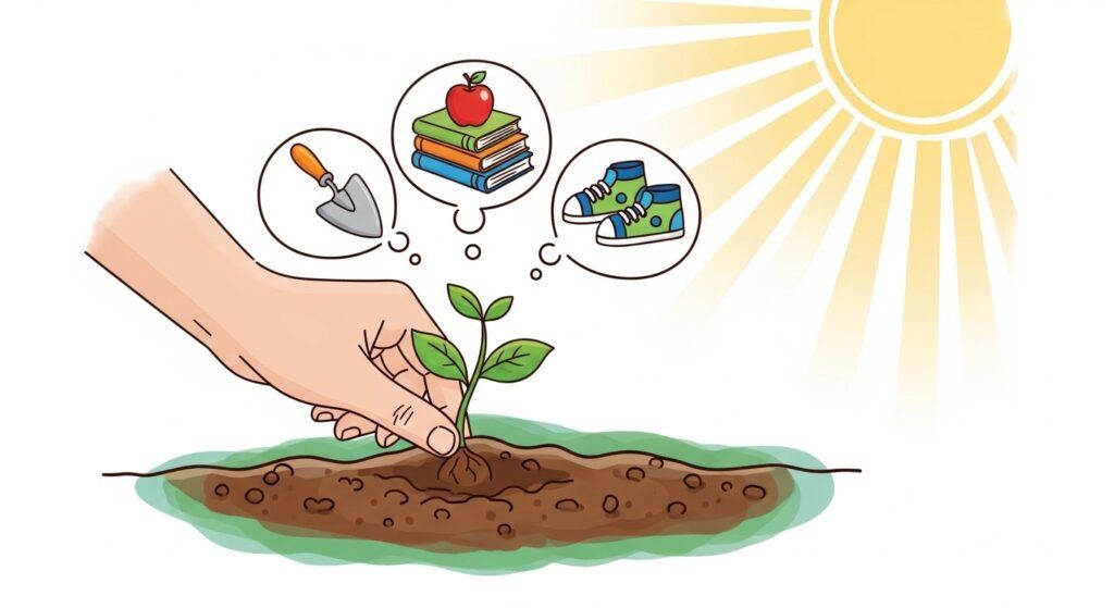 Hand planting a seed with thought bubbles of interests, symbolizing the process of choosing a niche based on passion.