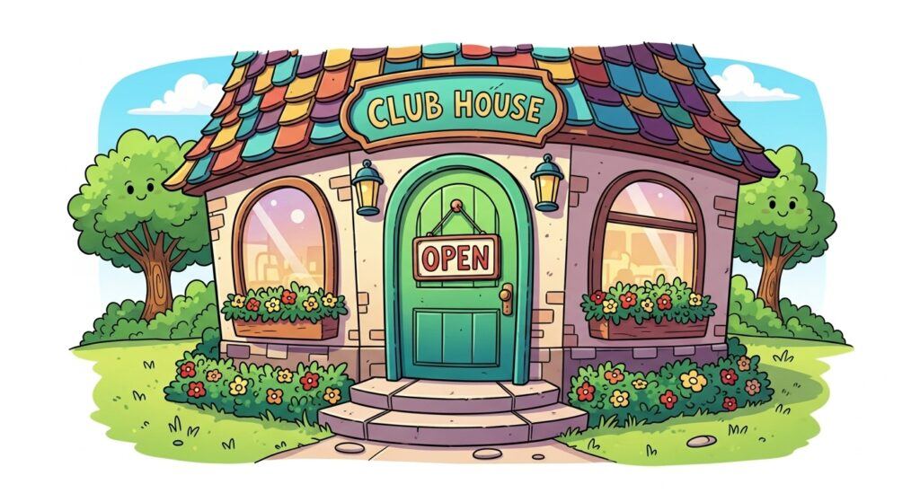 Cozy, small clubhouse illustration with an "OPEN" sign, making the website setup feel like building a friendly online home.