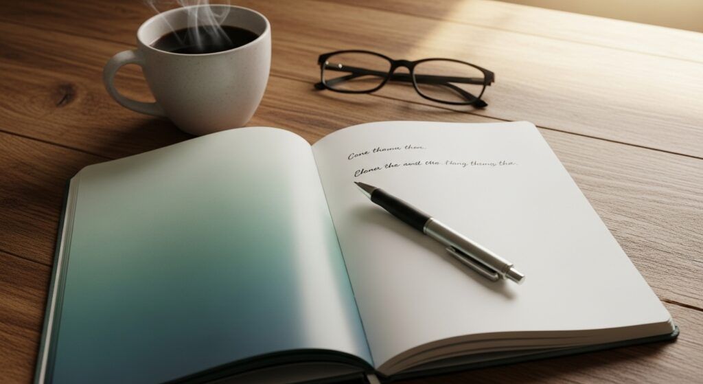 Open journal and pen, representing the comfortable and personal approach to writing the first blog post or About Me page.