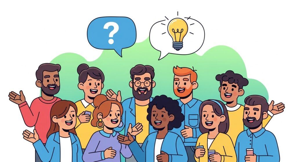 Illustration of a diverse, friendly group, symbolizing the active and supportive Wealthy Affiliate community and live chat.